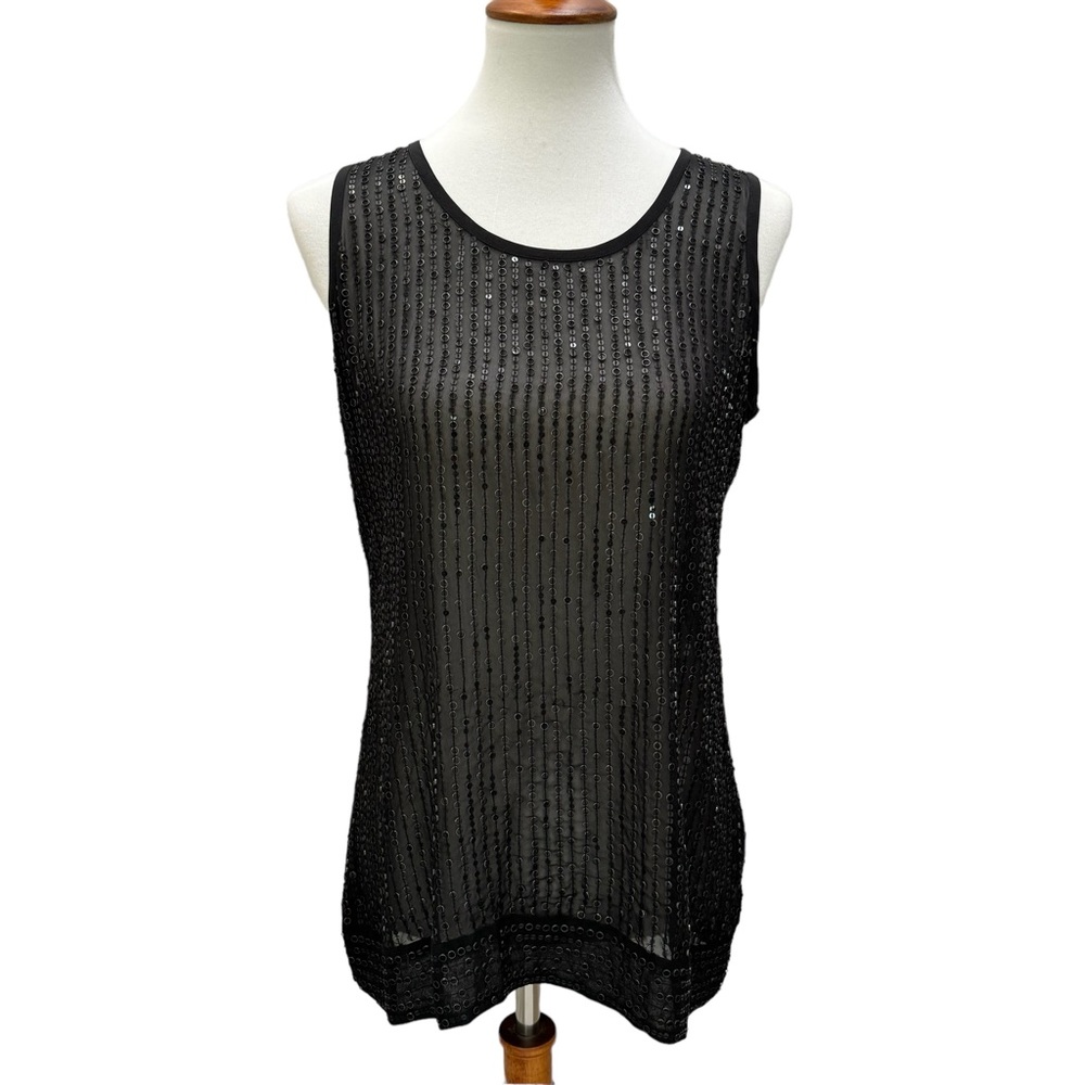 Eileen Fisher Sequin Raindrop Silk Black U-Neck Shell Extra Small